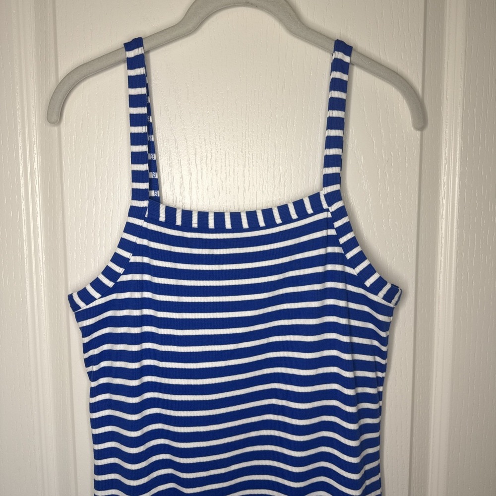 LOFT Blue White Stripe Ribbed Tank Maxi Dress Built In Bra Size 10 - Picture 2 of 11